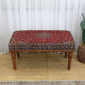 Pouf rettangolare con motivo floreale vintage azzurro e grigio – Elegante piano imbottito dal design classico, comoda seduta per soggiorno, panca