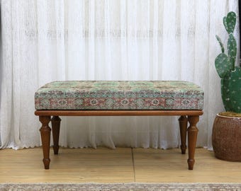 Kilim Upholstered Bench, Turkish Rug Ottoman Bench, Tribal Pattern Wooden Seat, Rustic Farmhouse Decor, Living Room Bench Sofa, Furniture