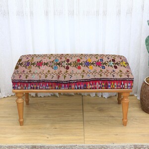 Upholstered Bench with Wooden Legs Featuring Colorful Abstract Post-Impressionist Patchwork Cushion, Artistic Accent Seat for Living Spaces
