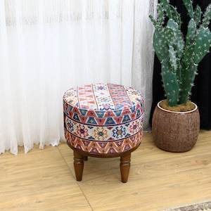 Bohemian stool, Pouf stool, Low chair, Ottoman bench, Round stool, Covered bench, Make up chair, Retro stool, Wood work bench, Footstool