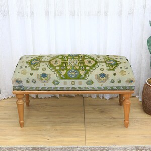 Modern ottoman bench, Upholstered entryway bench, Turkish rug pattern seat, Printed wood bench, Bedroom furniture, Cozy home Seating piece