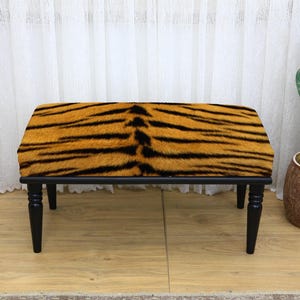 Furry Tiger Stripe Bench with Brown and Yellow Background, Black Animal Print Upholstered Seat, Wooden Accent Furniture for Interior Design