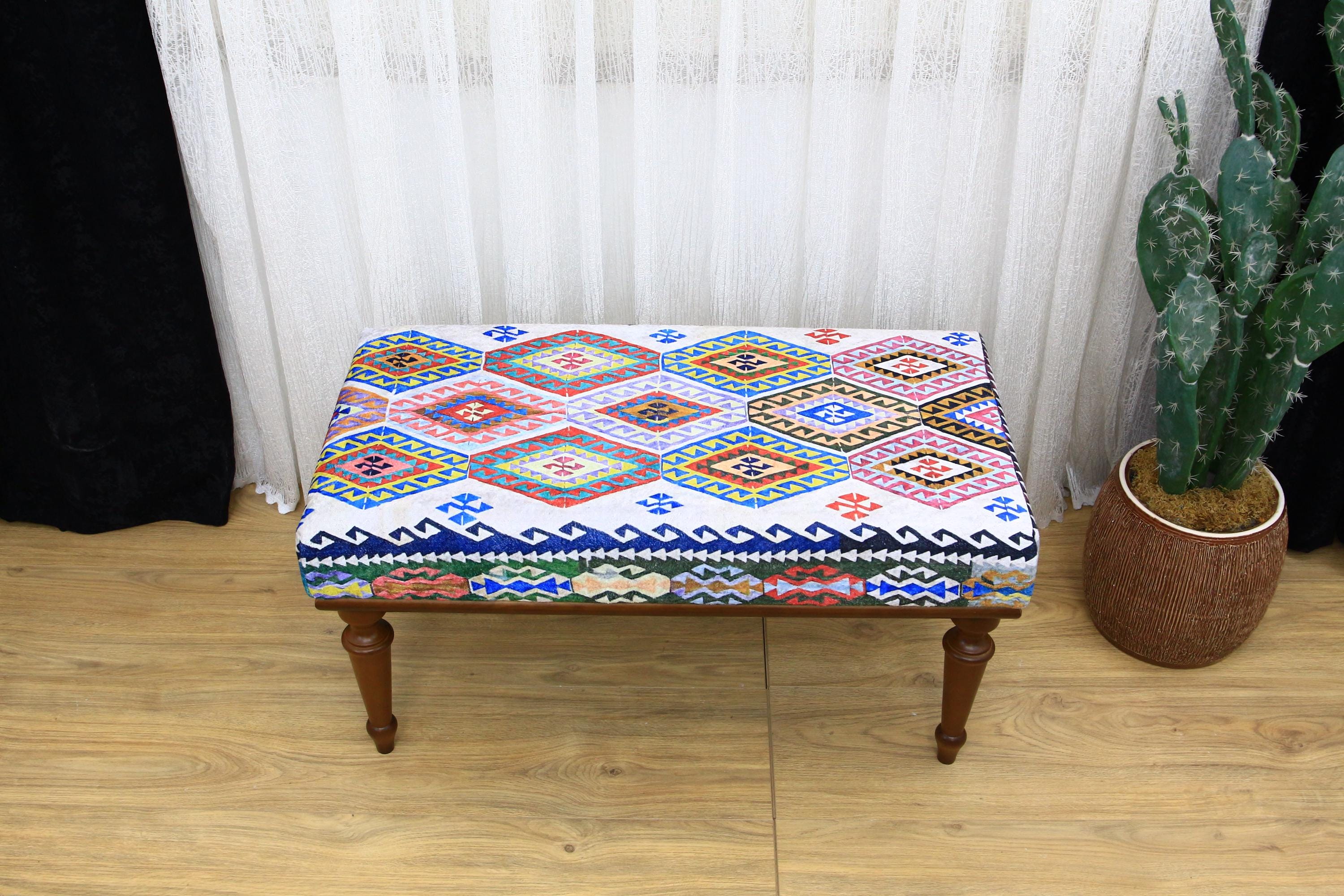 Meubles, banc couvert Kilim, meubles de salon, banc ottoman, repose-pieds, tabouret, banc, meubles de salle à manger, poufs, banc décoratif.
