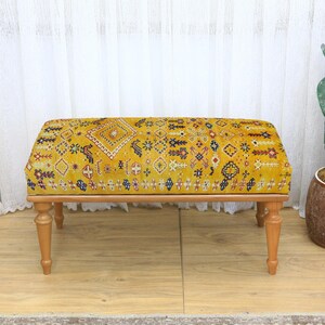 Ornate Upholstered Bench with Detailed Fabric and Wooden Legs, Perfect Accent Piece for Living Rooms, Bedrooms and Elegant Spaces, Cozy Seat