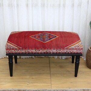 Turkish rug bench, Upholstered ottoman seat, Rustic Printed bench, Soft entry bench, Bohemian furniture, Cozy bedroom footstool, Cozy Stool