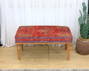 Turkish Kilim Coffee Table Bench, Wooden Upholstered Ottoman, Minimalist Accent Furniture for Living Room or Bedroom, Cozy Stylish Seating