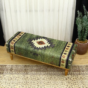 Kilim Patterned Entryway Storage Bench, Functional Bench, hallway Trunk, Blanket Storage Bench, Ottoman Storage Bench, Bedroom Bench, Bench