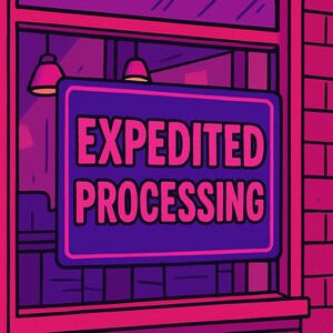 May include: A sign displaying "EXPEDITED PROCESSING" in pink text, edged in pink, set against a dark blue backdrop. The sign is in a window with a pink and purple colour scheme, with two pink pendant lights.
