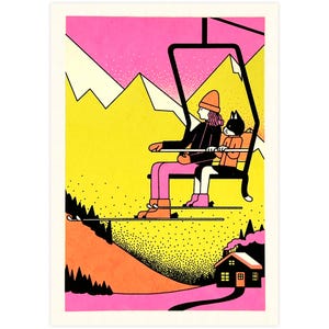 Brillanter Siebdruck, Katze & Frau im Skipass, Berghütte, Limited Edition in Pink, 12 cm x 17 cm, (4.7 x 6.7 inches)
