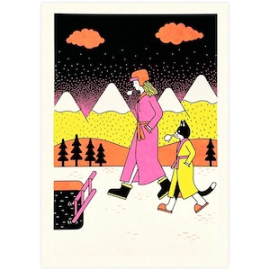 Brillanter Siebdruck, Katze & Frau im Skipass, Berghütte, Limited Edition in Pink, 12 cm x 17 cm, (4.7 x 6.7 inches)