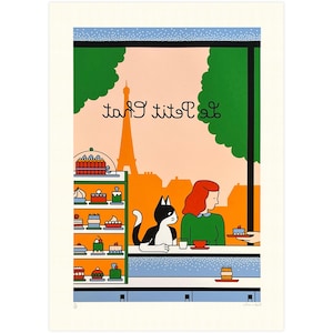 Le Petit Chat a Parigi – Serigrafia in edizione limitata di un gatto e una donna in un caffè (50 x 70 cm)