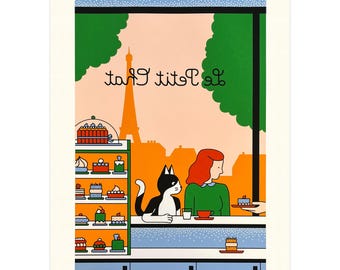 Limitierte Edition Katzen Cafe Siebdruck: Le petit Chat in Paris (50 x 70 cm)