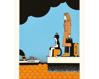 Limited Edition zeefdruk kat en vrouw: reiskunst (12 x 17 cm), blauw/oranje