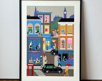 London Tea Time – Serigrafia in edizione limitata – colori vivaci – illustrazione vivace (50 x 70 cm)