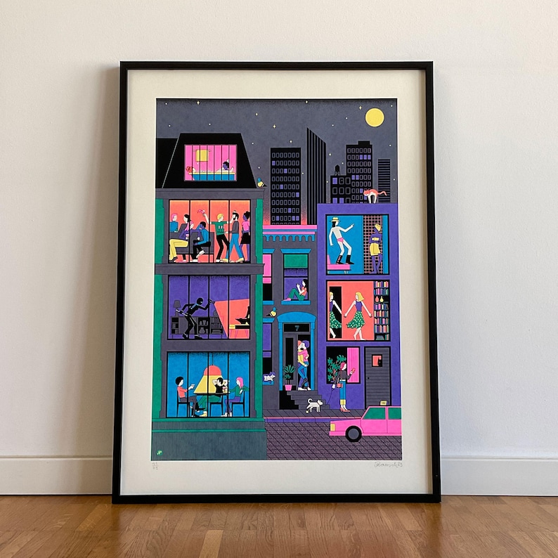 May include: A colorful illustration of a city street at night with multiple apartment buildings. Each window shows a different scene of people interacting inside their homes. The illustration is done in a retro style with bold colors and simple lines.
