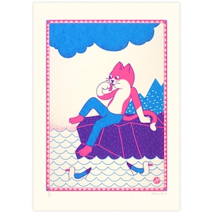 May include: A pink and white cat wearing blue jeans sits on a purple rock in the ocean. The cat is licking its paw and looking to the side. There are two white birds with blue beaks swimming in the water. The background is a light blue sky with a white cloud.