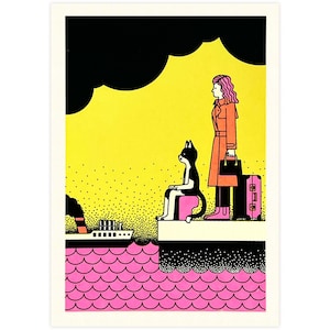 Sérigraphie en édition limitée d'un chat et d'une femme sur le point de voyager avec un bateau (12 x 17 cm) – édition rose