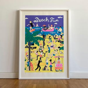 Colorful Beach Scene Screen Print - Limited Edition Art (50x70cm)