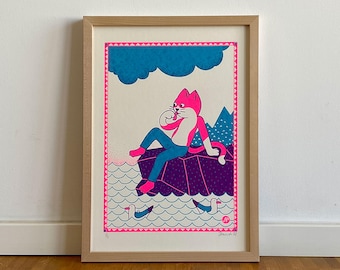 Cat on Rock – Limited Edition Silkscreen Print – Neon Pink Edition (Din A3)