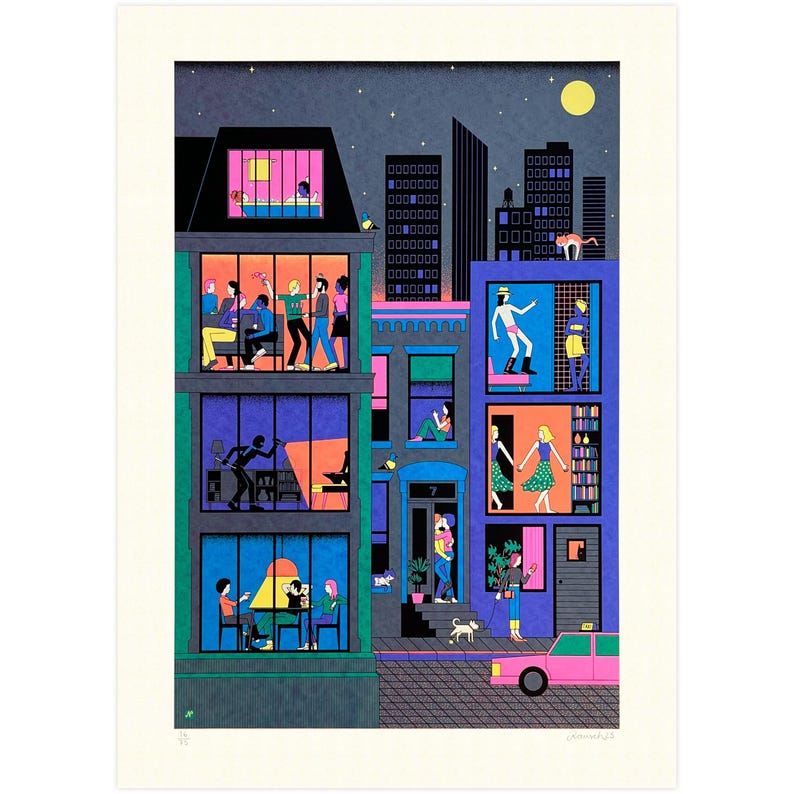 May include: A colorful illustration of a city street at night with multiple apartment buildings. The buildings have windows with people inside, some are dancing, others are reading, and some are just relaxing. There is a car driving down the street and a cat on the roof of one of the buildings.