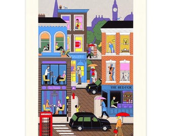 London Tea Time – Serigrafia in edizione limitata – colori vivaci – illustrazione vivace (50 x 70 cm)
