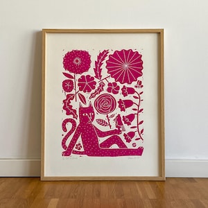 Chat et oiseau - Sérigraphie en édition limitée - Ornement floral rose (40 x 50 cm)