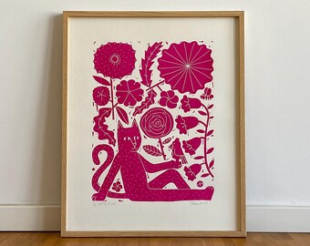 Cat & Bird – Limited Edition Silkscreen Print – Pink Flower Ornament (40x50cm)