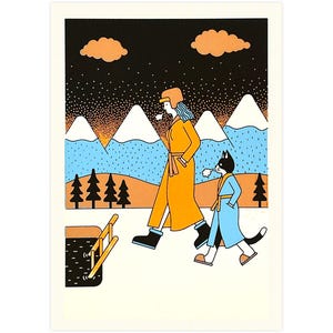 Heldere zeefdruk, kat en vrouw gaan ijszwemmen, wintertijd, limited edition in blauw, 12 x 17 cm (4,7 x 6,7 inch)