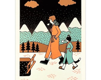 Winter Swim Screen Print: Cat & Woman Art, Signed Limited Edition – orange