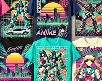 May include: A set of six t-shirts with different anime-inspired designs. The designs feature robots, characters, and cityscapes in a retro 80s style. The shirts are all in different colors, including black, blue, green, white, and gray.