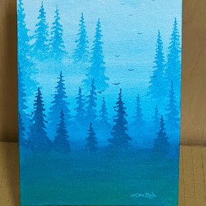 Original 5x7 acrylic on canvas Misty Forest Treetops tiny painting.