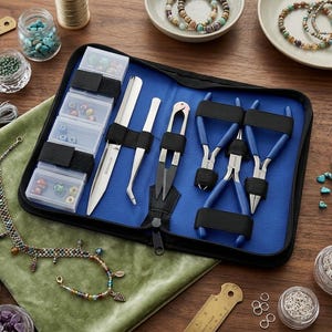 May include: A blue jewellery-making kit with pliers, scissors, and tweezers. Small pots of beads and finished bracelets are arranged around the kit on a wooden surface. A green cloth is in the foreground.