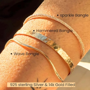 Permanent Cuff Bracelet Set Of 3 Wave, Hammered & Sparkle Bracelets | 14k Gold Filled Or Sterling Silver | Permanent Half Bracelet For Women