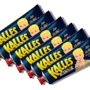 May include: Six navy blue tubes of Kalles caviar, arranged diagonally. Each tube displays the brand name in yellow, a smiling blond child, and a red cap. The tubes are labelled "Valrökt" and "Guld."