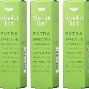Op de afbeelding: Vijf groene en witte deodorant sticks met de tekst "Absolut Torr Extra Effectief Anti-transpirant Langdurig 7 Dagen Effect Zweeds Origineel Geen Parfum Wees 100% Jij Aanbrengen 35 ml" op de voorkant.