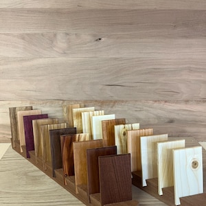 Pode incluir: Uma exibição de várias amostras de madeira em um suporte de madeira. As amostras mostram uma gama de cores e padrões de grãos, de bege claro a marrom escuro. As amostras de madeira são dispostas em uma fileira, demonstrando diferentes tipos de madeira.