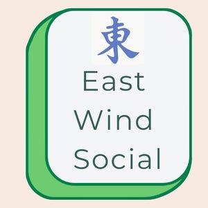 May include: A white, rounded-corner rectangle with green trim and the words "East Wind Social" in black text. A blue Chinese character is at the top. The background is a light peach color.