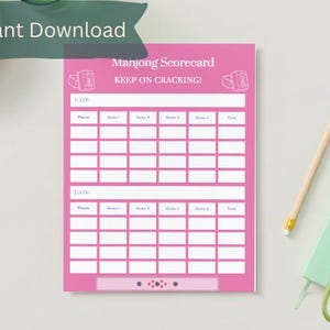 Mahjong Scorecard Printable: Pink Edition, 4-Player Game Night (Digital Download)