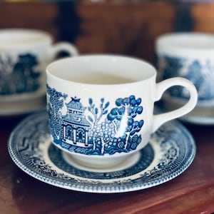Authentic Vintage Blue Willow Cup and Saucer Set of 3 by Churchill Staffordshire England 1980&#39;s Antique China Ceramic Teacups