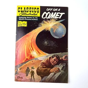 May include: Vintage comic book cover for "Off on a Comet" by Jules Verne. The cover shows a man clinging to a rock, a comet streaking across a starry sky, and a depiction of Earth. The comic is from the "Classics Illustrated" series.