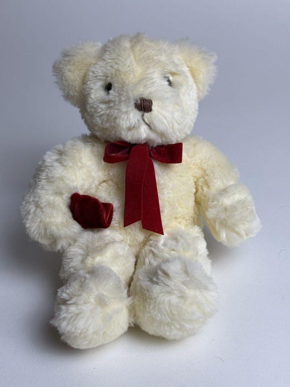 Teddy Bear Blonde Plush Stuffed Animal Red Bow ROSE Sitting T27