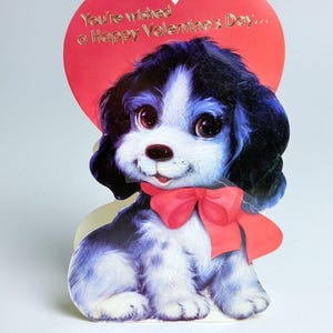 ヴィンテージ 傷あり かわいい子犬 ヴィンテージ バレンタインカード - 中古 1980年代 ハート 黒と白 犬 ダイカット* {中古}