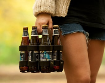 Leather Beer Holder - The "Spartan Carton" - Leather and Wood 6-Pack Beer Carrier