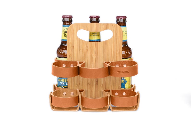 Bamboo and leather reusable 6-pack beer bottle carrier in honey leather with plyboo