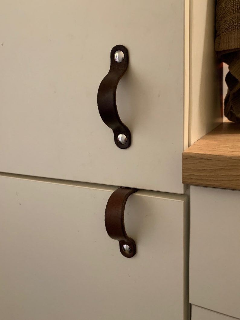 Leather Handle The Flanders 3 Sizes Handcrafted Leather Drawer Pulls and Cabinet Knobs image 5