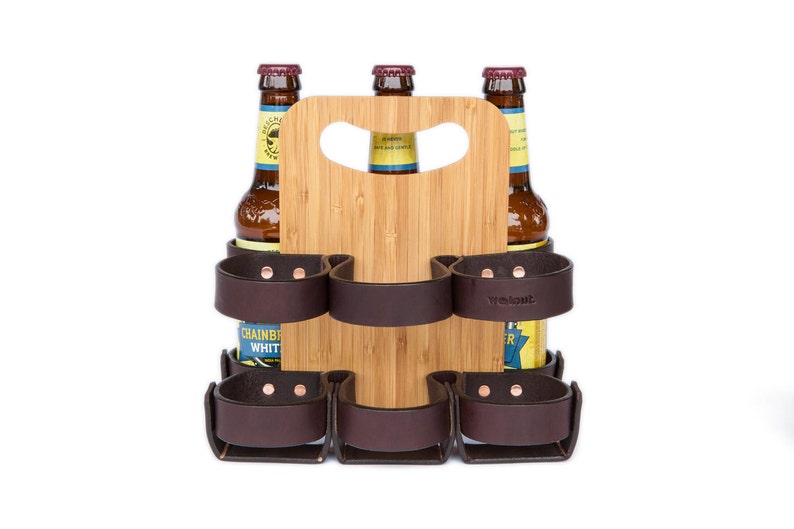 Bamboo and leather reusable 6-pack beer bottle carrier in dark brown leather with plyboo