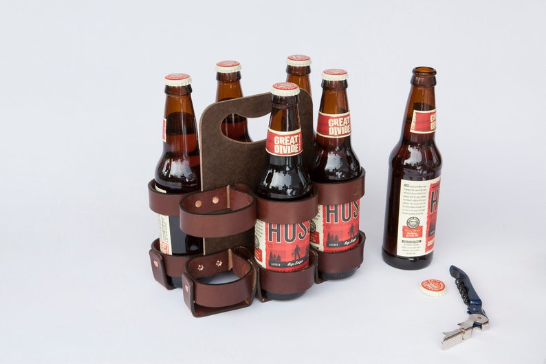 Leather Beer Holder The Spartan Carton Leather and Wood 6-Pack Beer Carrier Dark Brown/Masonite