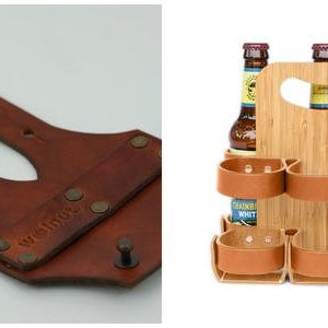 Two images of the bike beer combo. Left image is the honey leather variant of the bike cinch laid flat. Right image is the bamboo leather beer holder holding three glass bottles of beer in the exterior and three empty slots in the front.