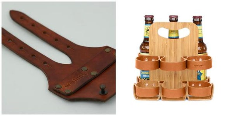 Two images of the bike beer combo. Left image is the honey leather variant of the bike cinch laid flat. Right image is the bamboo leather beer holder holding three glass bottles of beer in the exterior and three empty slots in the front.