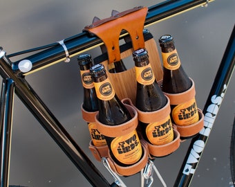 Bike 6-Pack Holder - "Bike Beer Combo" - Leather Wood Bicycle Beer Carrier with Set Discount